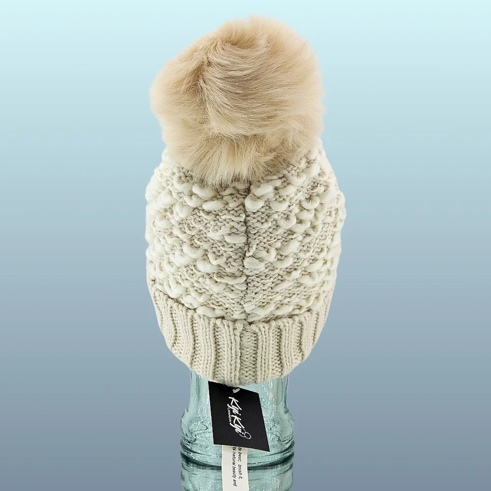 Kyi Kyi Hat Beanie Wool Blend Knit Faux Fur Pom Pom Cottagecore Outdoor Winter